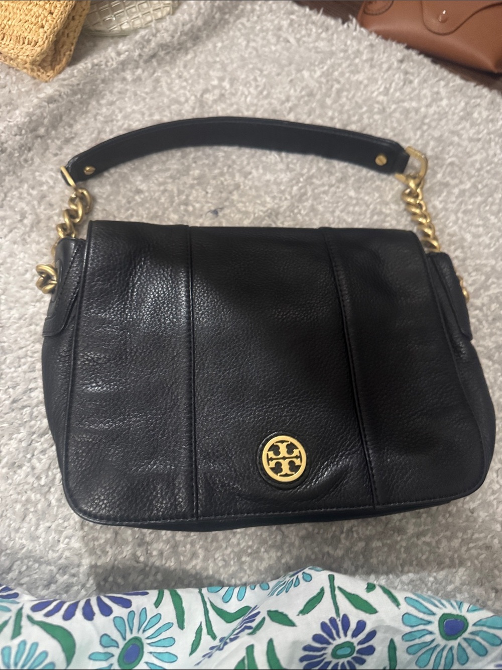 Tory Burch Black Pebbled Leather Shoulder Bag with Gold-Tone Logo